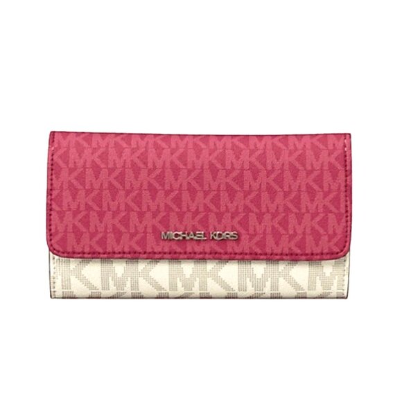 New Michael Kors Jet Set Travel Large Logo Trifold Wallet Dark Raspberry Multi - Picture 1 of 4
